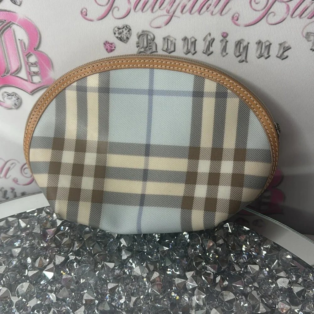 Burberry bag nova check print baby blue tan cream cosmetic case small tote zip